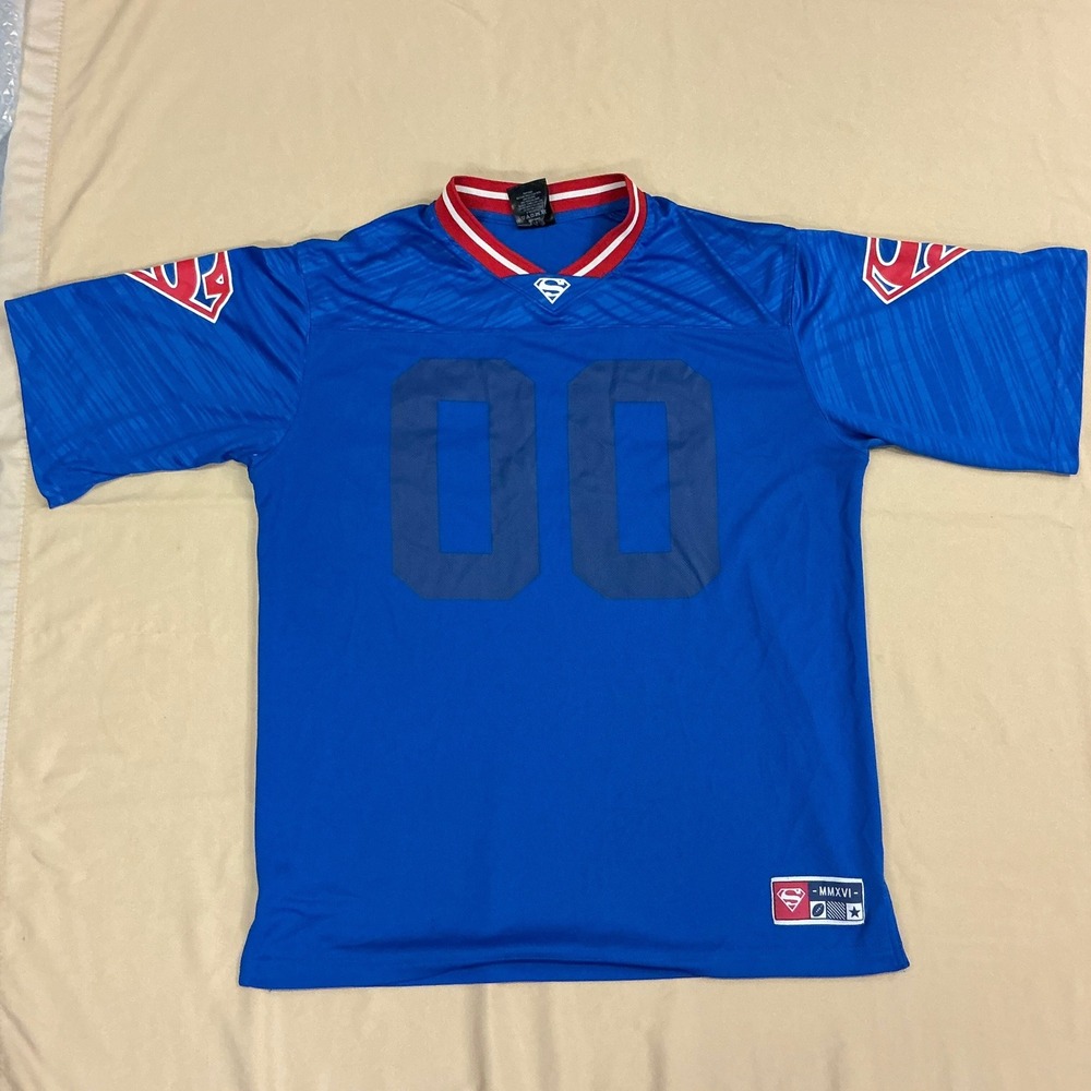 DC Comics Superman Football Jersey Blue 00 MMXVI Mens Small Logo Shirt